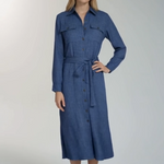 DKNY Denim Blue Long Sleeve Belted Midi Shirtdress Cotton Robe Dress Size 6