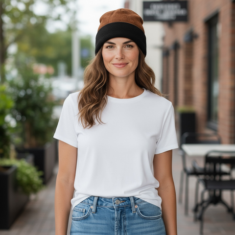 Women’s Genuine Leather Fur Beanie Winter Hat Brown Black Excellent One Size