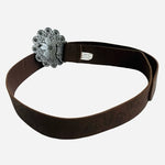 Women Brown Embossed Leatherette Belt Flower Rhinestone Metal Buckle 36" 2" Wide