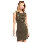 SUPERDRY Green Bodycon Midi Dress Lace Trim Sleeveless Graphic Print Womens S VG