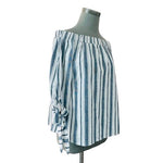 Velvet Torch Women's Off Shoulder Striped Top M Blue White Cotton Knot Sleeve VG
