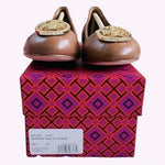 TORY BURCH Benton 2 Travel Leather Ballet Flats Royal Tan Gold Size 5.5 NIB