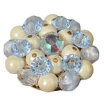 Vintage Round Beaded Flower Brooch 1.5" White Blue Gold Base Gift Box NWOT