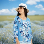 JM Collection Women's Blue Floral Jacquard Blouse XXL 3/4 Sleeve Scoop Neck VG