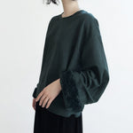 ZARA Trafaluc Womens Sweatshirt L Green Crewneck Faux Fur Trim Long Sleeve VG