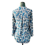 Daniel Rainn Paisley Chiffon Blouse White Blue V Neck Adjustable Sleeves Size M
