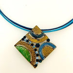 Square Enamel Crystal Pendant Necklace Multicolor Stripe Brass Tone Adjustable