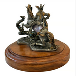 Vintage St. George Fighting the Dragon Bronze Statue Warrior Figurine Wood Base