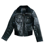 ONLY Limitless Bomber Jacket Size S Black Leather Unisex Zip Front Rib Knit VG