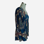 FREE PEOPLE Girl Talk Tunic XS Blue Paisley V Neck Balloon Sleeve Boho VG
