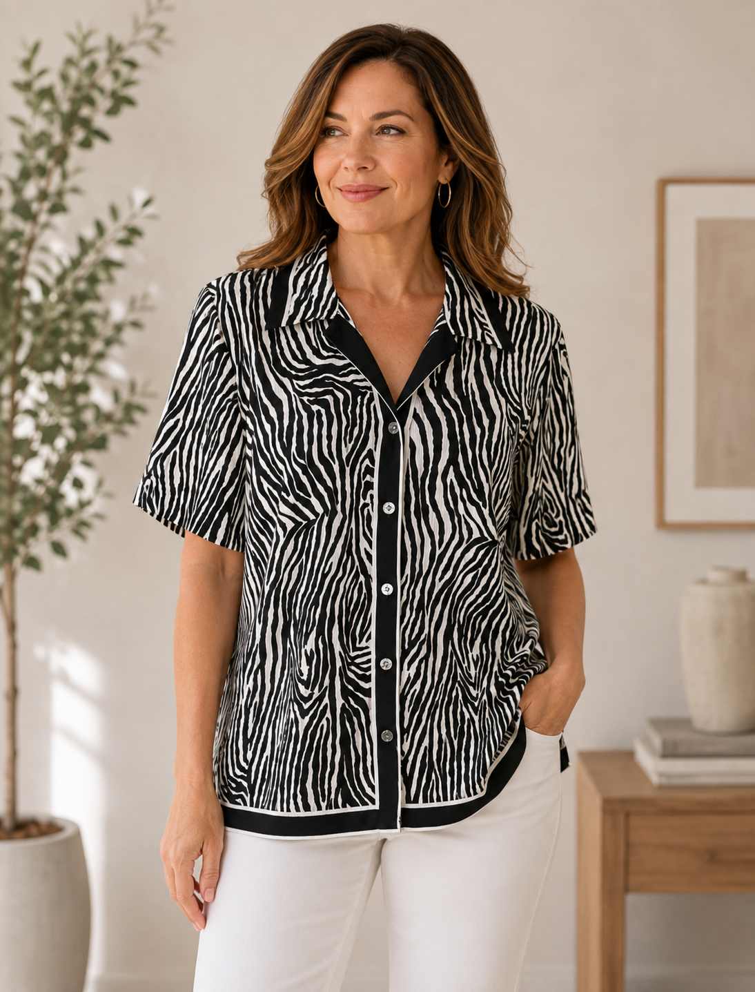 Allison Daley Zebra Print Button Front Shirt Black White Size 10 VG