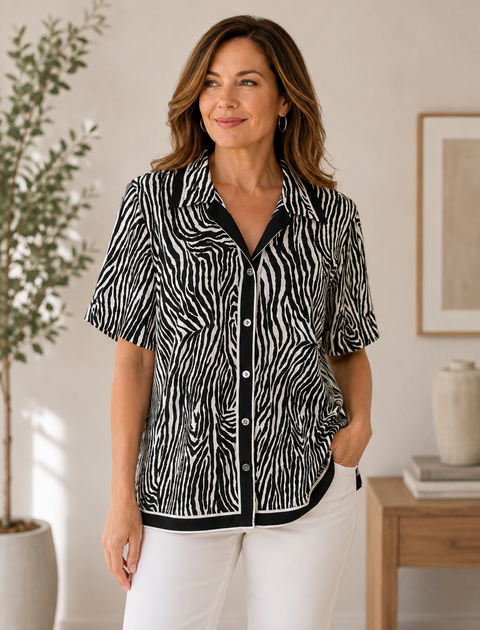 Allison Daley Zebra Print Button Front Shirt Black White Size 10 VG