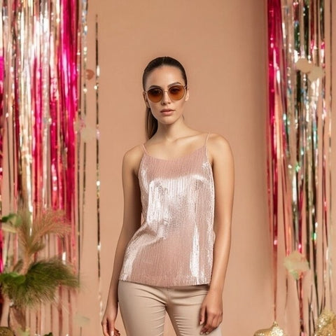 WHITE HOUSE BLACK MARKET Light Pink Sequin Tank Top Women Medium Sleeveless VG