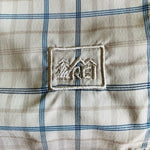 REI Men's Plaid Hiking Shirt M Long Sleeve Tan Blue Wrinkle Resistant VG