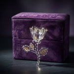 Elegant Clear Glass Rose Figurine Gold Leaf Accents Purple Velvet Gift Box VG
