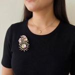 Vintage Rainbow Crystal Rhinestone Floral Brooch Gold Tone Pin 2.5" Jewelry VG