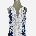 Eliza J Women's Navy Pink Lace Trim Midi Dress 6 A-Line Cotton Floral $138 EXC