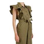 EN SAISON Essie Women's Army Green Ruffled Jumpsuit Size L Cotton Wide Leg NWT